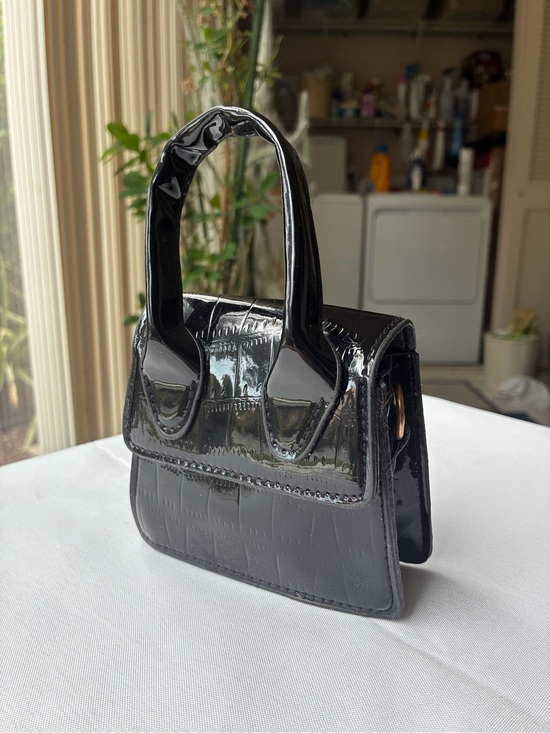 Handbags - Black Patent Crocodile Embossed Mini Bag | Convertible Top Handle Crossbody